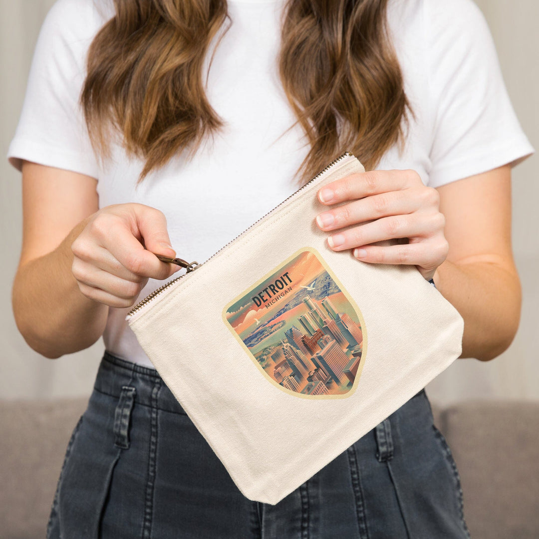 Detroit, Michigan, Lithograph City Series,, Organic Cotton Zipper Pouch, Go Bag Go Bag Lantern Press 
