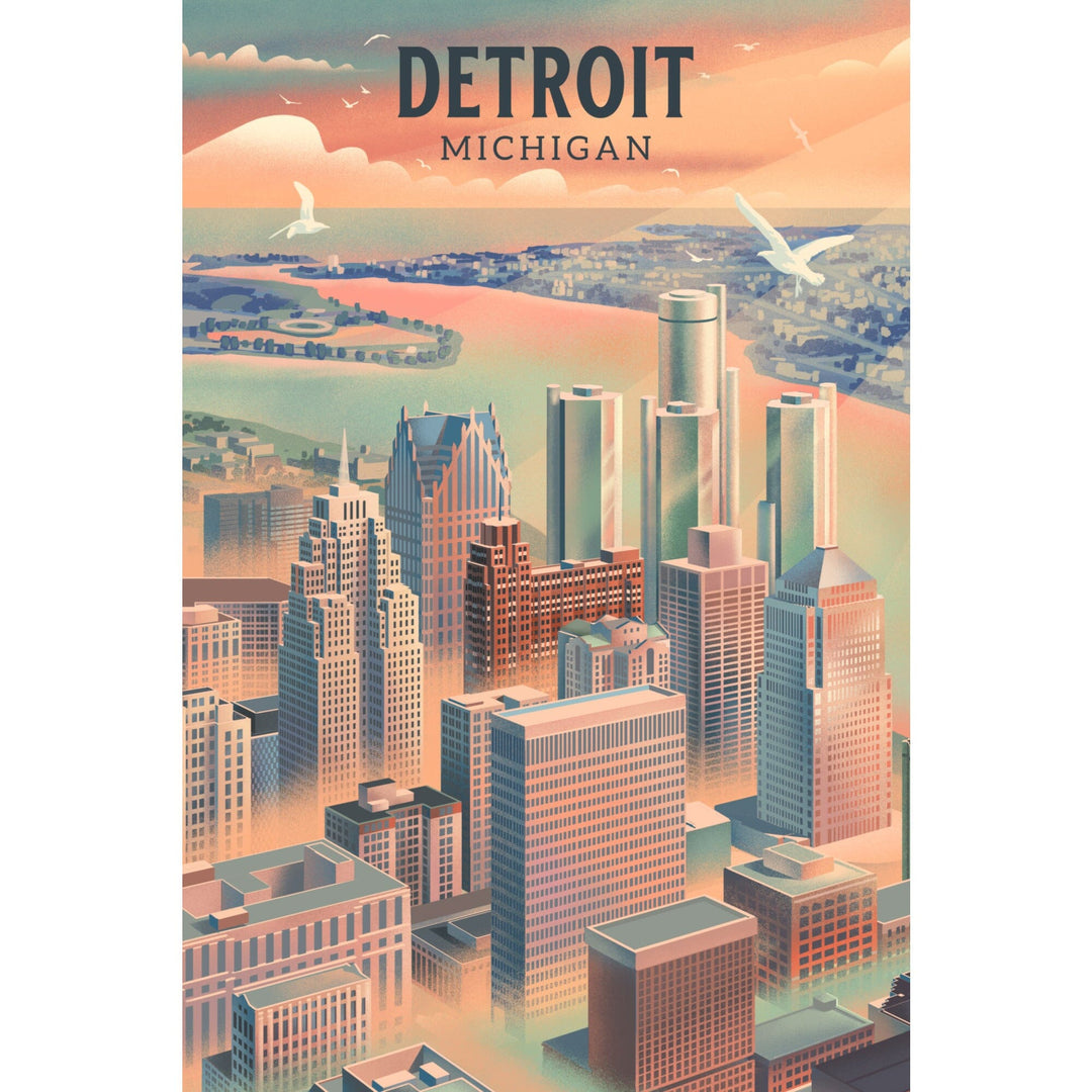 Detroit, Michigan, Lithograph City Series, Stretched Canvas Canvas Lantern Press 