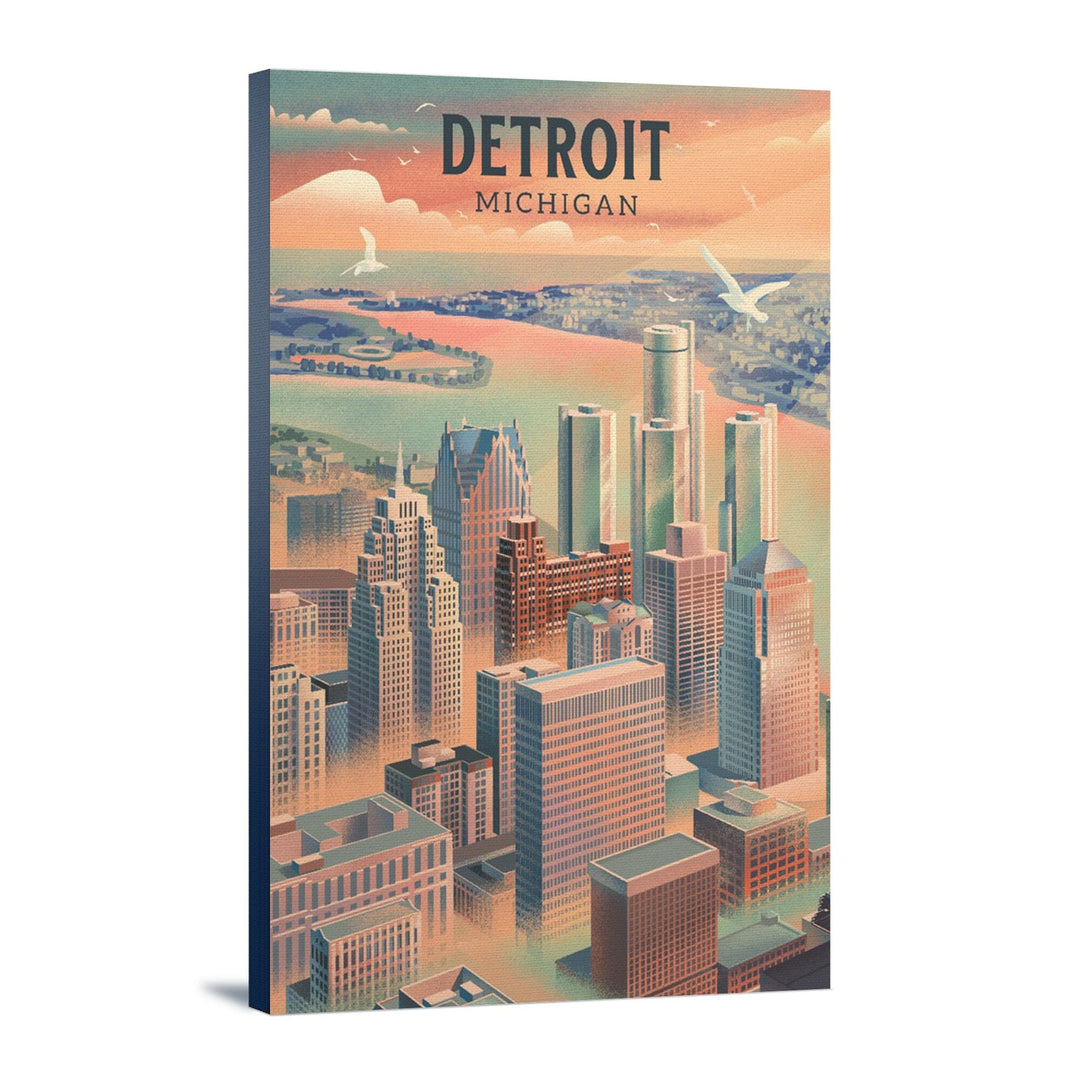 Detroit, Michigan, Lithograph City Series, Stretched Canvas Canvas Lantern Press 