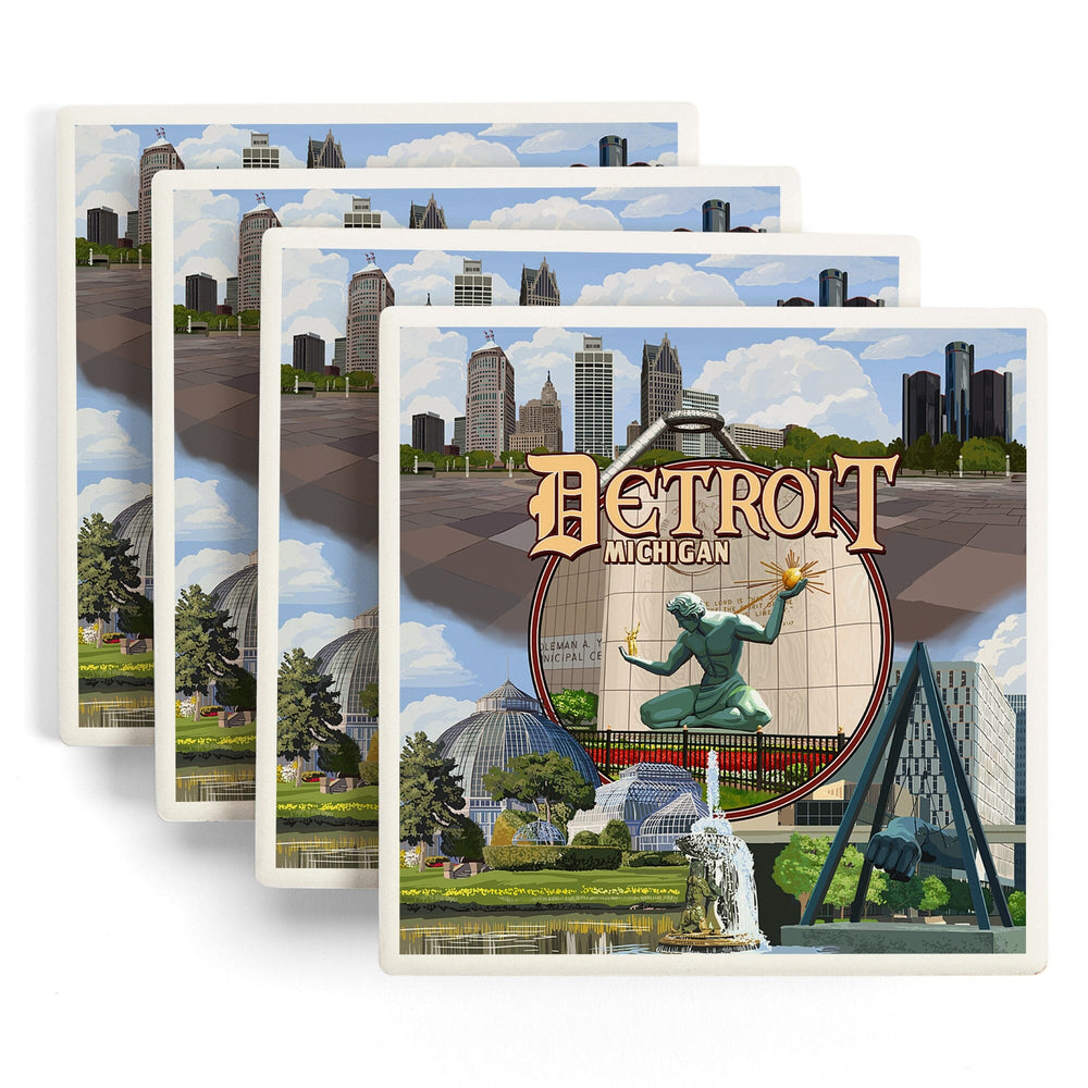 Detroit, Michigan, Montage Scenes, Coasters Coasters Lantern Press 