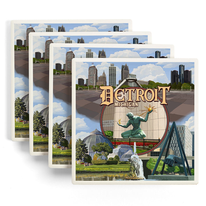 Detroit, Michigan, Montage Scenes, Coasters Coasters Lantern Press 