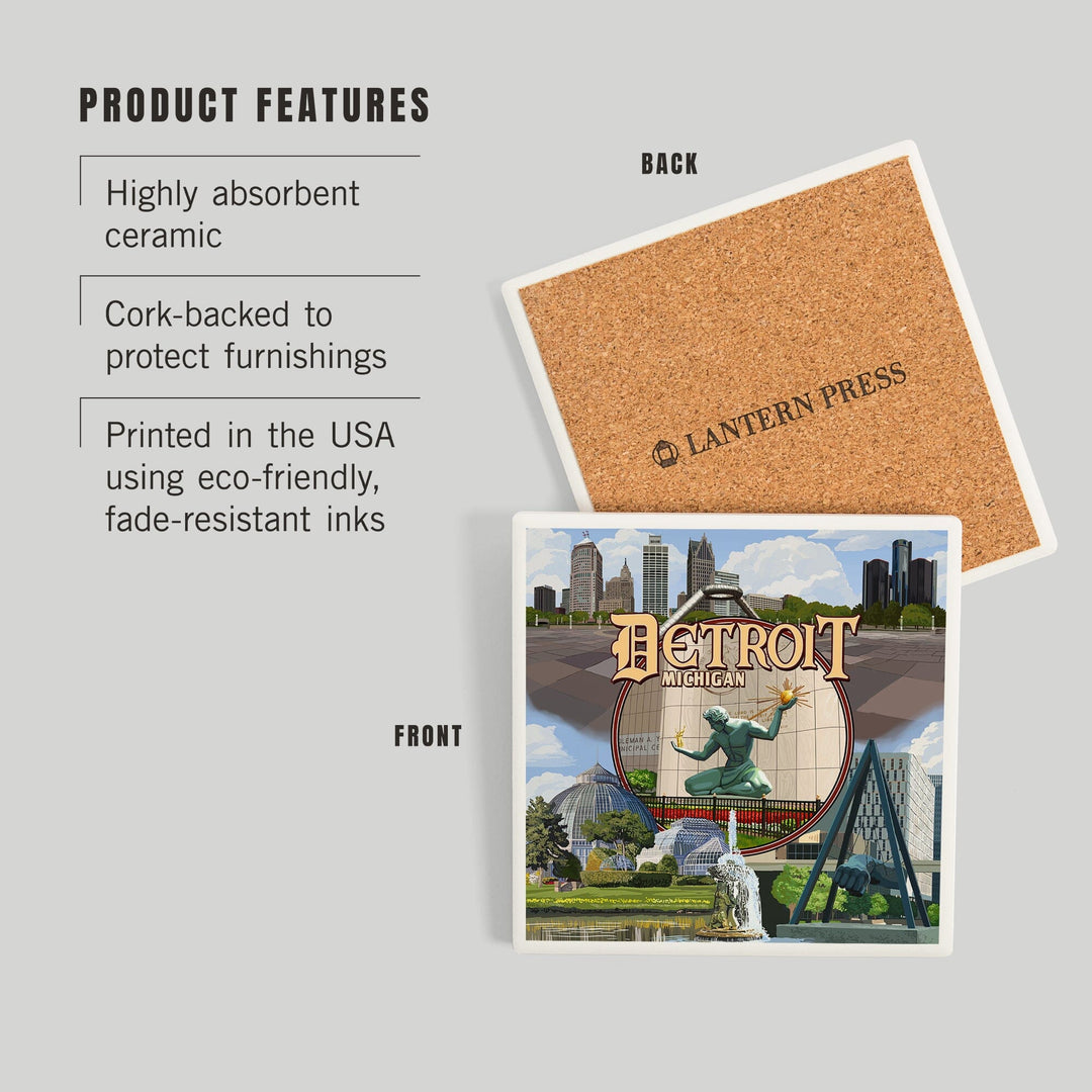 Detroit, Michigan, Montage Scenes, Coasters Coasters Lantern Press 
