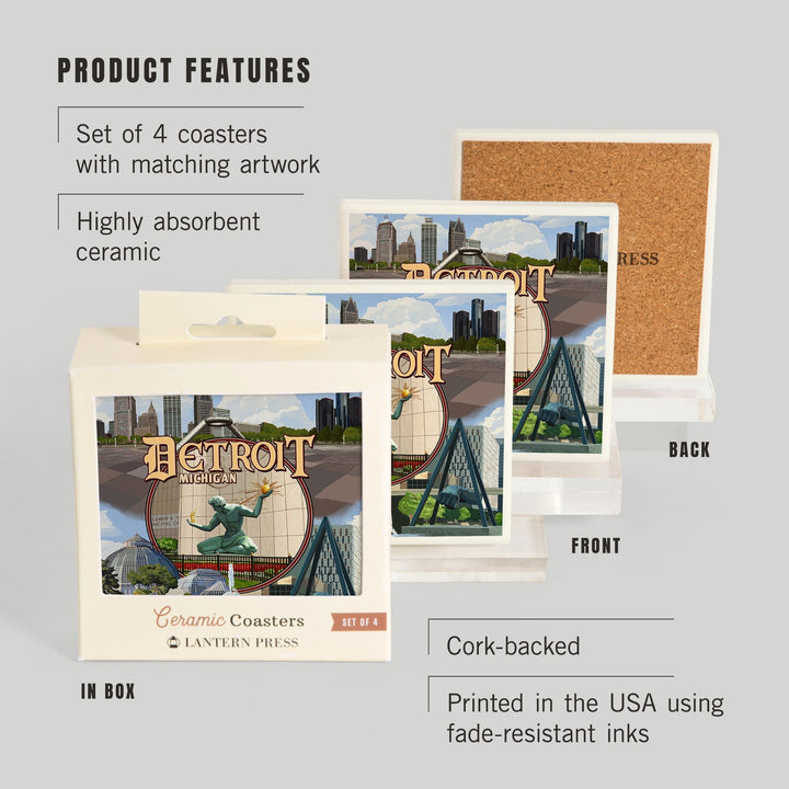Detroit, Michigan, Montage Scenes, Coasters Coasters Lantern Press 