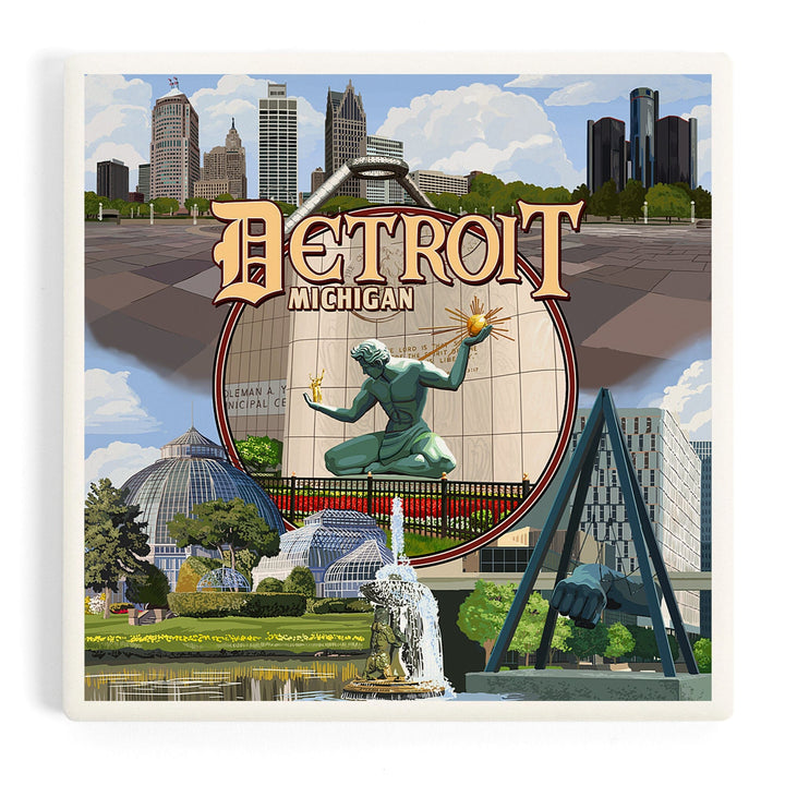 Detroit, Michigan, Montage Scenes, Coasters Coasters Lantern Press Coaster 