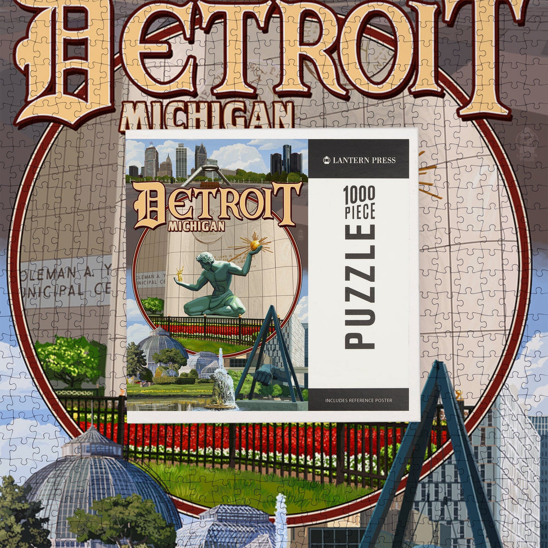 Detroit, Michigan, Montage Scenes, Jigsaw Puzzle Puzzle Lantern Press 