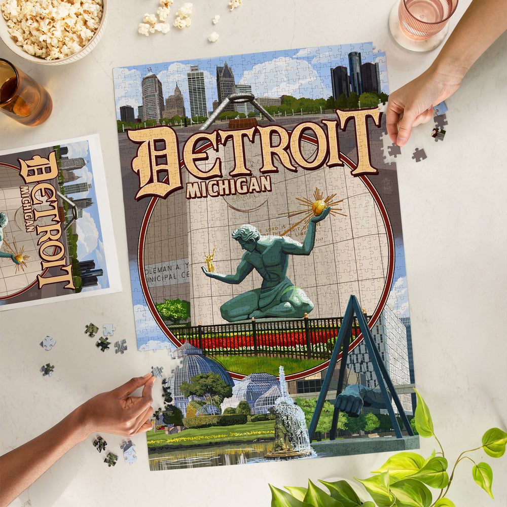 Detroit, Michigan, Montage Scenes, Jigsaw Puzzle Puzzle Lantern Press 