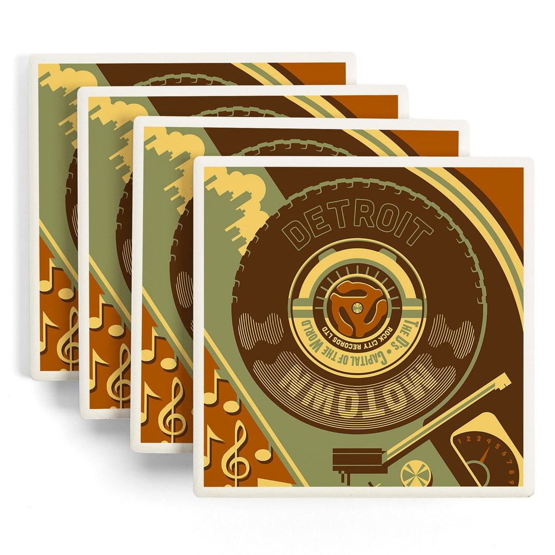 Detroit, Michigan, Motown & Motor City, Lantern Press Artwork, Coaster Set - Lantern Press