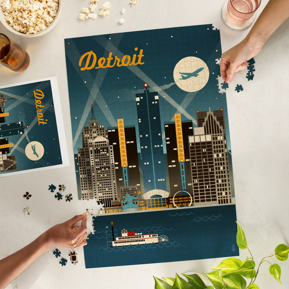 Detroit, Michigan, Retro Skyline, Jigsaw Puzzle Puzzle Lantern Press 