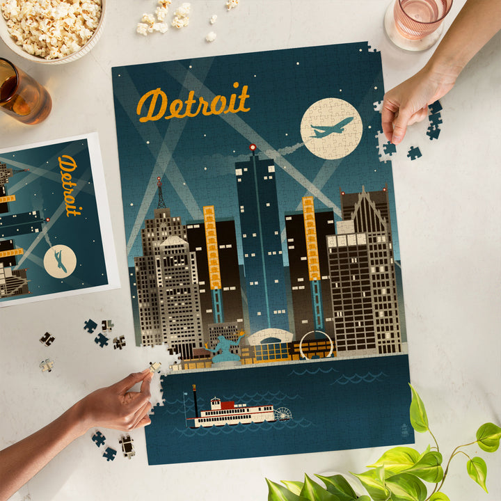 Detroit, Michigan, Retro Skyline, Jigsaw Puzzle Puzzle Lantern Press 