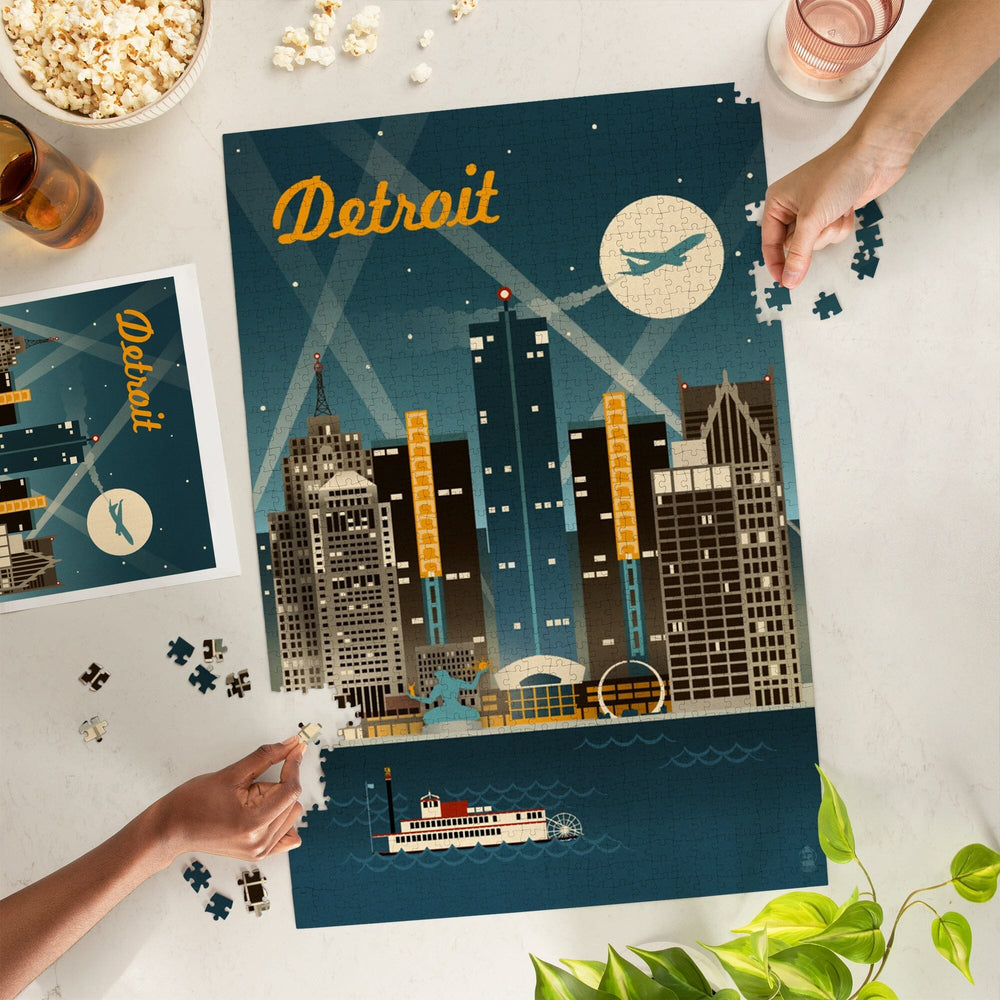 Detroit, Michigan, Retro Skyline, Jigsaw Puzzle Puzzle Lantern Press 