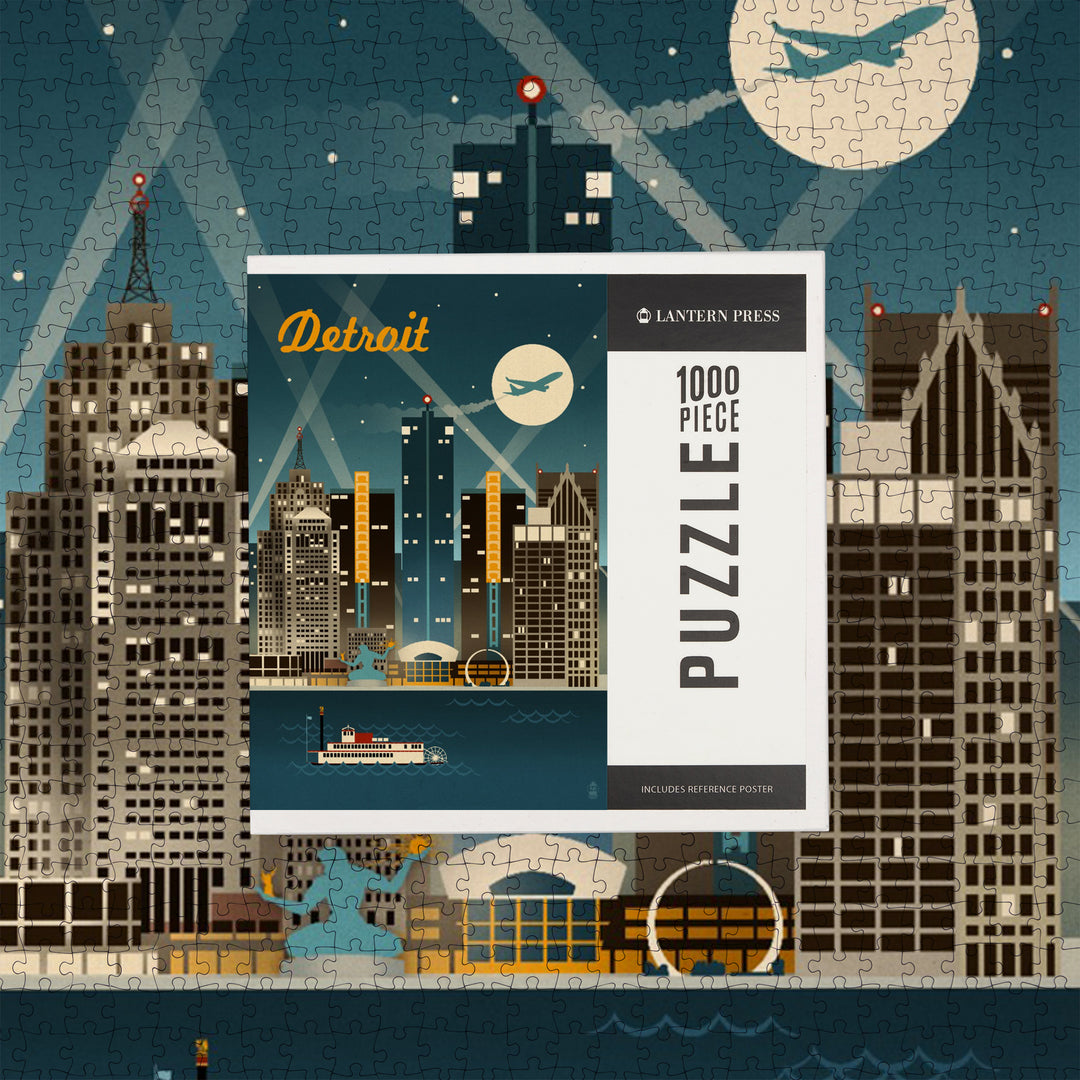 Detroit, Michigan, Retro Skyline, Jigsaw Puzzle Puzzle Lantern Press 