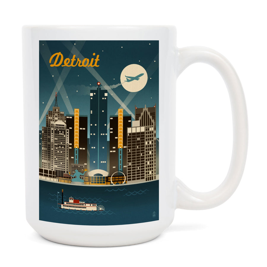 Detroit, Michigan, Retro Skyline, Lantern Press Artwork, Ceramic Mug Mugs Lantern Press 