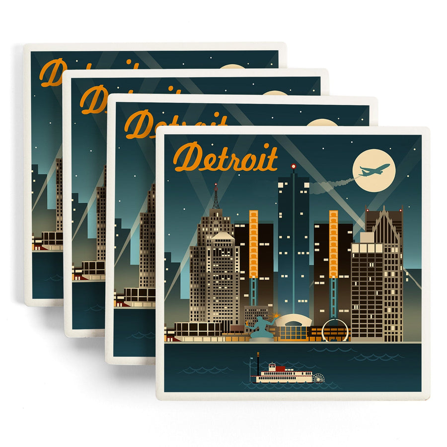 Detroit, Michigan, Retro Skyline, Lantern Press Artwork, Coaster Set - Lantern Press