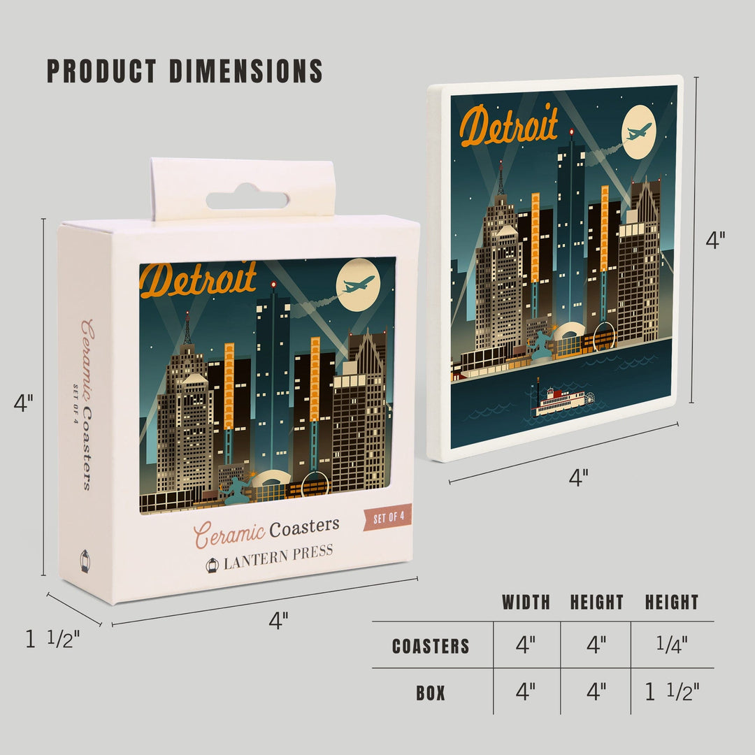 Detroit, Michigan, Retro Skyline, Lantern Press Artwork, Coaster Set - Lantern Press