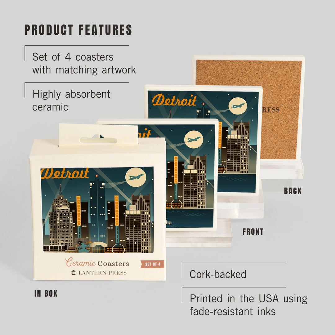 Detroit, Michigan, Retro Skyline, Lantern Press Artwork, Coaster Set - Lantern Press