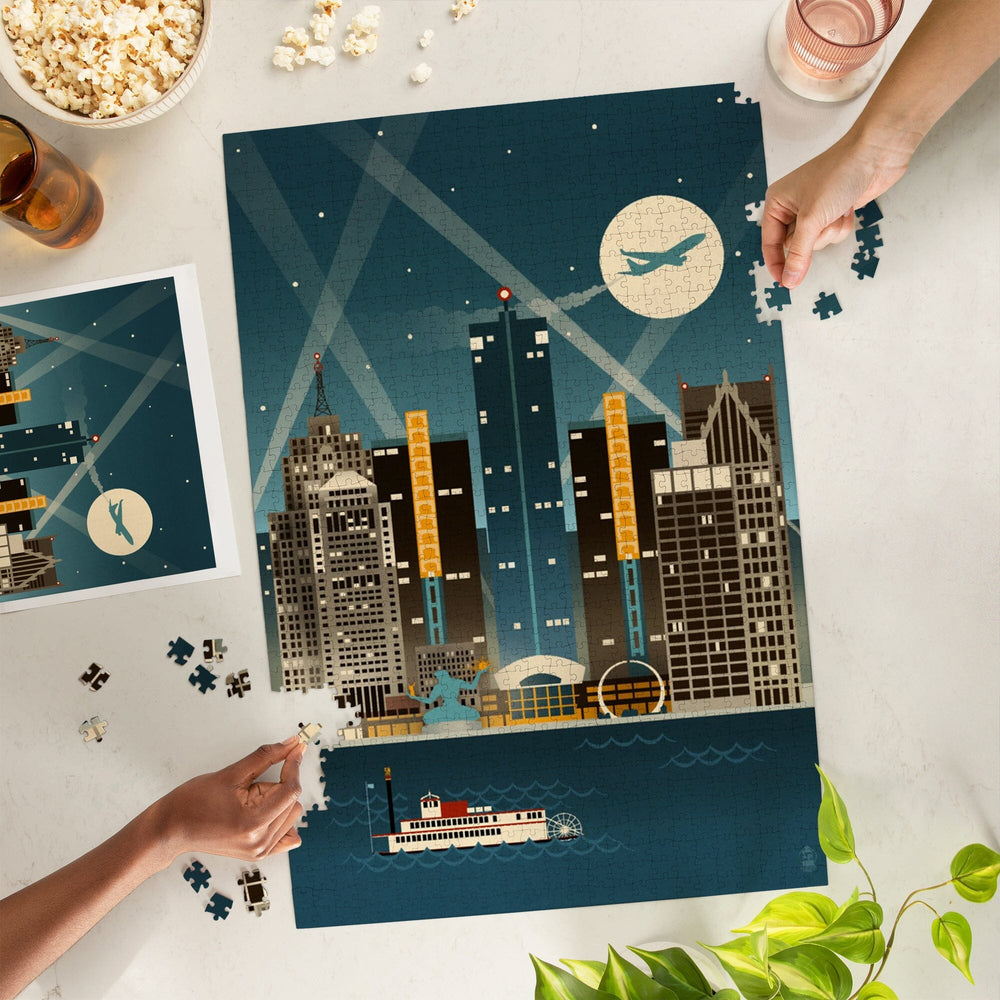 Detroit, Michigan, Retro Skyline (no text), Jigsaw Puzzle Puzzle Lantern Press 