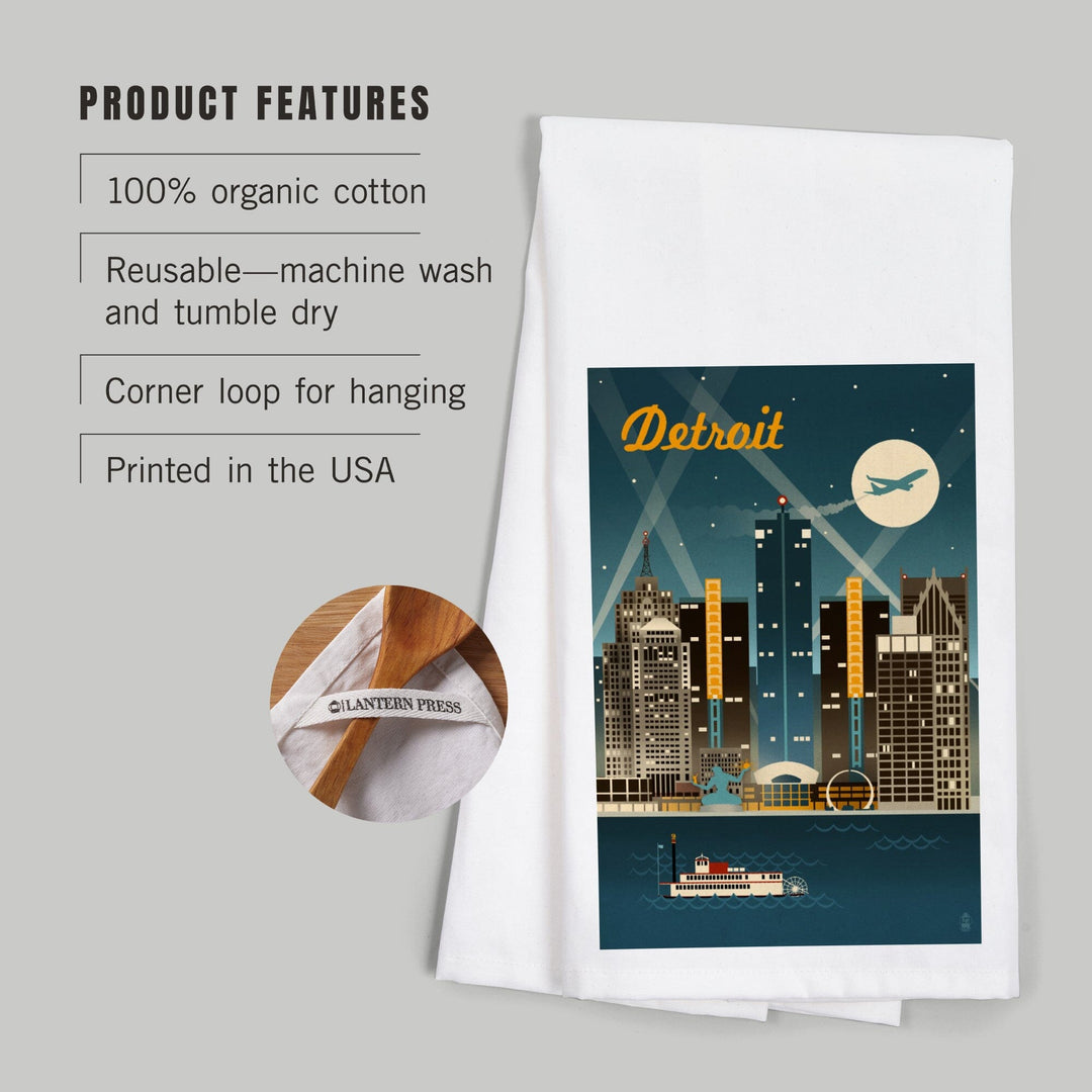 Detroit, Michigan, Retro Skyline, Organic Cotton Kitchen Tea Towels Kitchen Lantern Press 