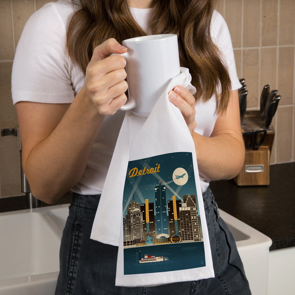 Detroit, Michigan, Retro Skyline, Organic Cotton Kitchen Tea Towels Kitchen Lantern Press 