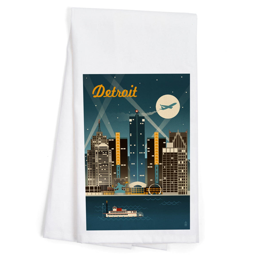 Detroit, Michigan, Retro Skyline, Organic Cotton Kitchen Tea Towels Kitchen Lantern Press 