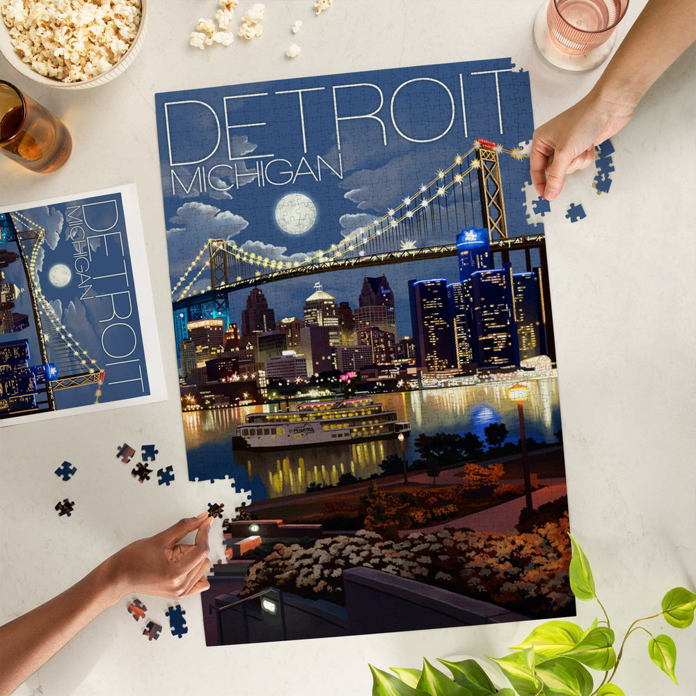 Detroit, Michigan, Skyline at Night, Jigsaw Puzzle Puzzle Lantern Press 