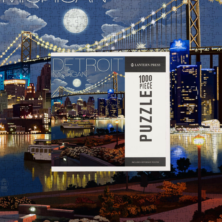 Detroit, Michigan, Skyline at Night, Jigsaw Puzzle Puzzle Lantern Press 