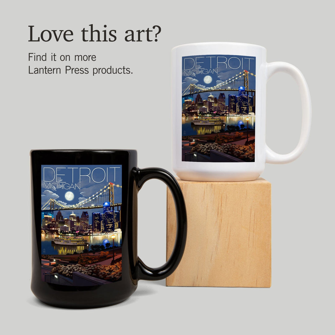 Detroit, Michigan, Skyline at Night, Lantern Press Artwork, Ceramic Mug Mugs Lantern Press 