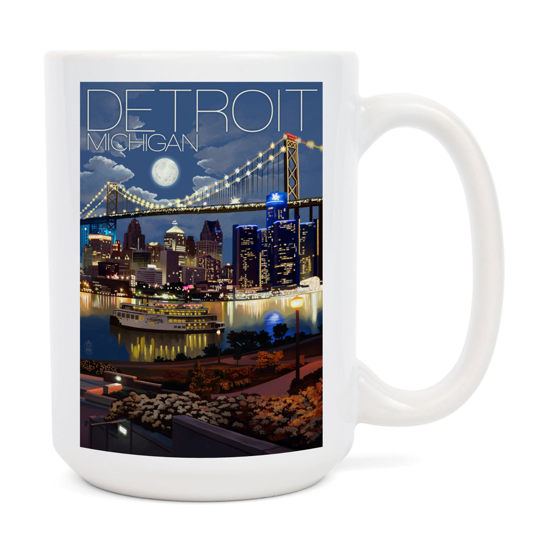 Detroit, Michigan, Skyline at Night, Lantern Press Artwork, Ceramic Mug Mugs Lantern Press 