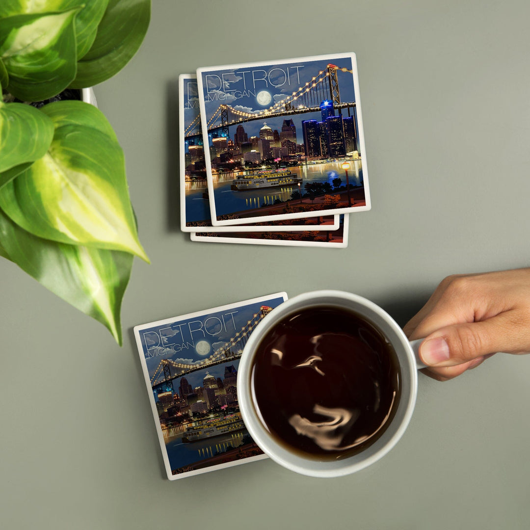 Detroit, Michigan, Skyline at Night, Lantern Press Artwork, Coaster Set - Lantern Press