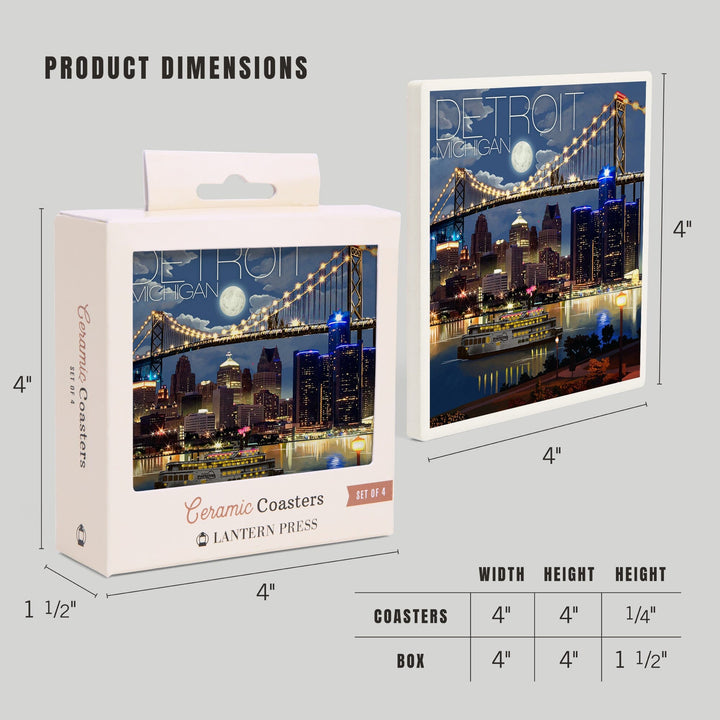 Detroit, Michigan, Skyline at Night, Lantern Press Artwork, Coaster Set - Lantern Press