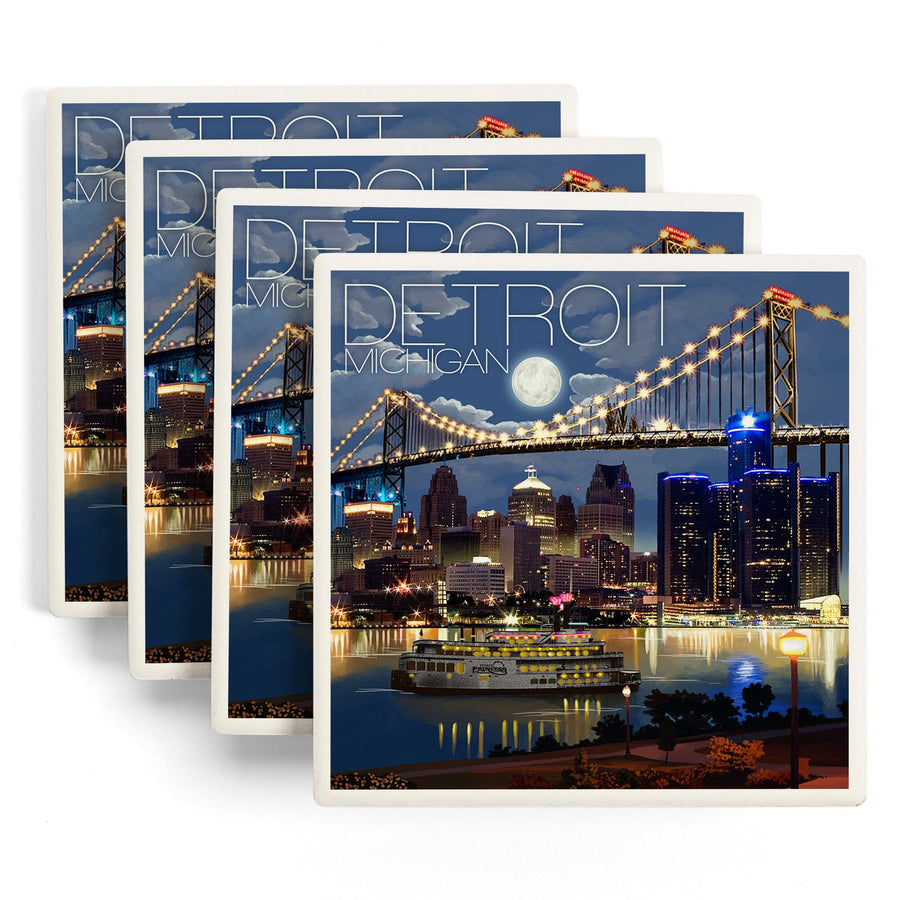 Detroit, Michigan, Skyline at Night, Lantern Press Artwork, Coaster Set - Lantern Press