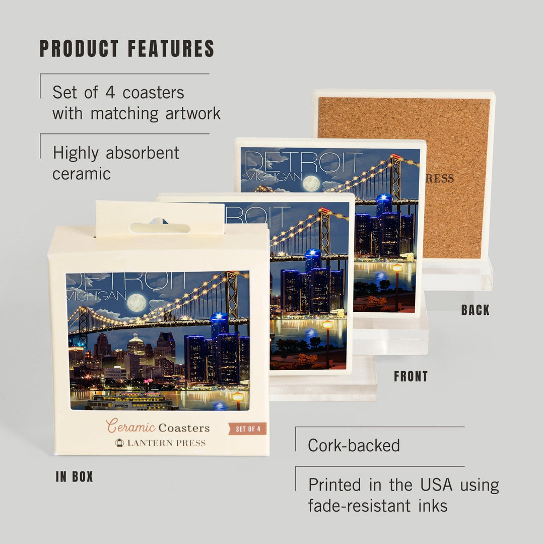 Detroit, Michigan, Skyline at Night, Lantern Press Artwork, Coaster Set - Lantern Press