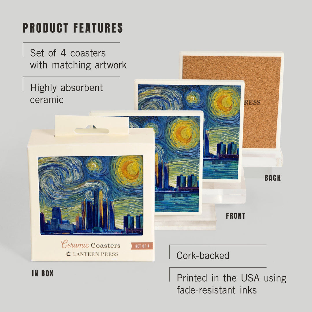 Detroit, Michigan, Starry Night City Series, Lantern Press Artwork, Coaster Set - Lantern Press