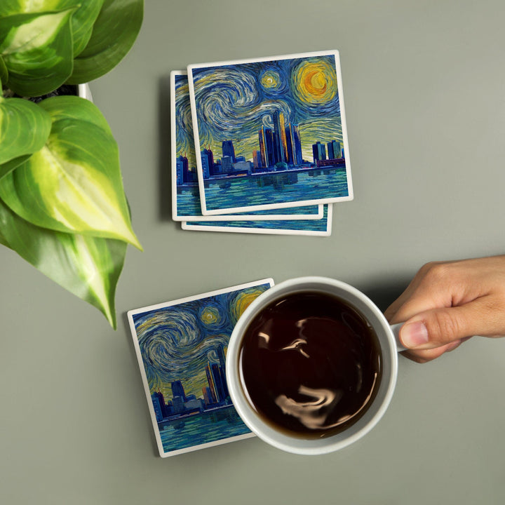 Detroit, Michigan, Starry Night City Series, Lantern Press Artwork, Coaster Set - Lantern Press