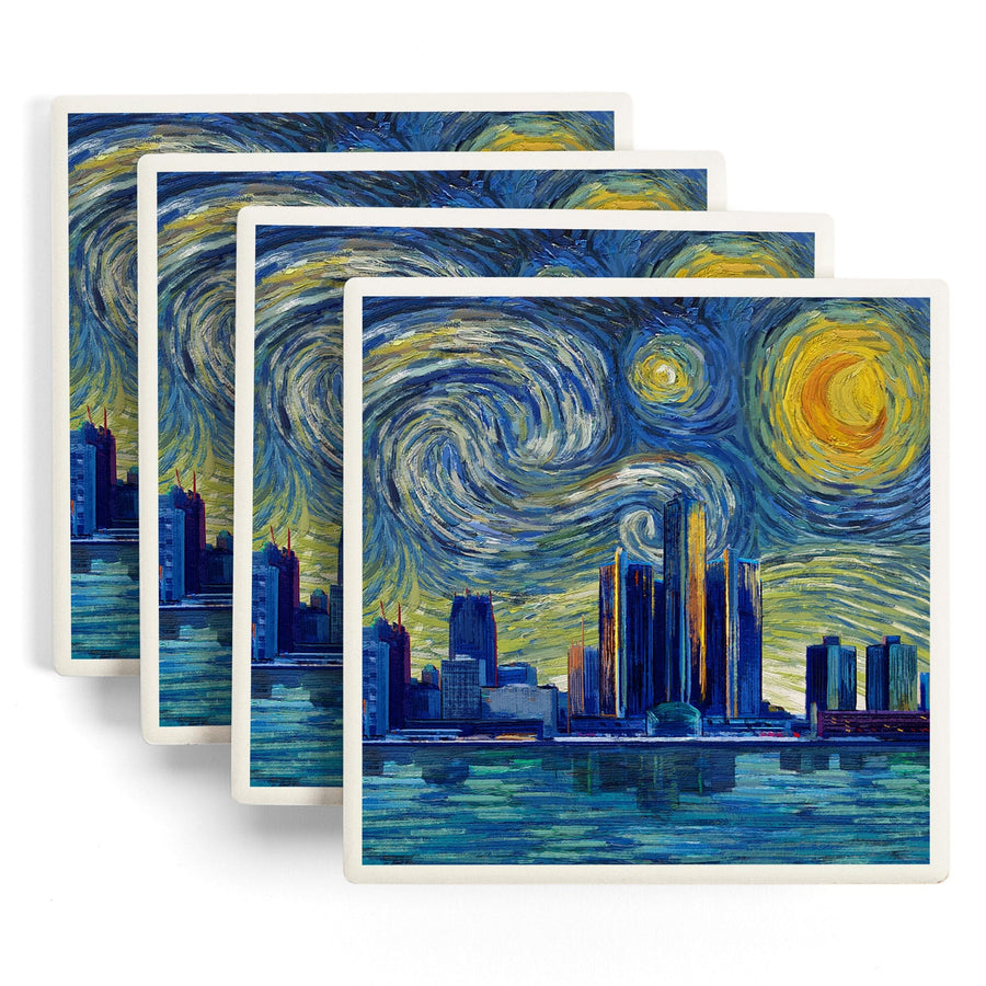 Detroit, Michigan, Starry Night City Series, Lantern Press Artwork, Coaster Set - Lantern Press