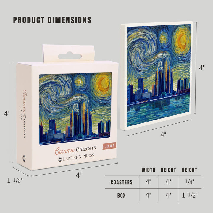 Detroit, Michigan, Starry Night City Series, Lantern Press Artwork, Coaster Set - Lantern Press