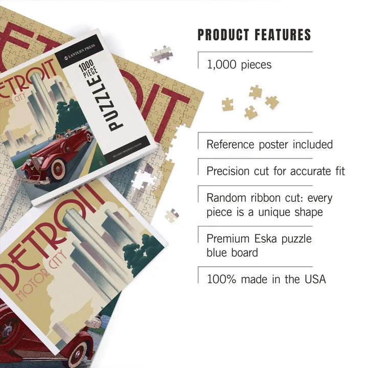 Detroit, Michigan, Vintage Car and Skyline, Jigsaw Puzzle Puzzle Lantern Press 