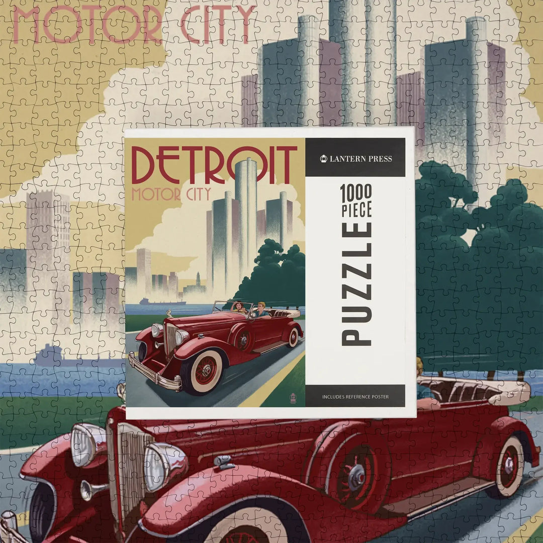 Detroit, Michigan, Vintage Car and Skyline, Jigsaw Puzzle Puzzle Lantern Press 