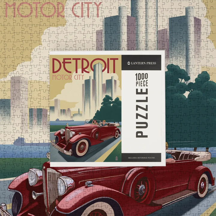 Detroit, Michigan, Vintage Car and Skyline, Jigsaw Puzzle Puzzle Lantern Press 