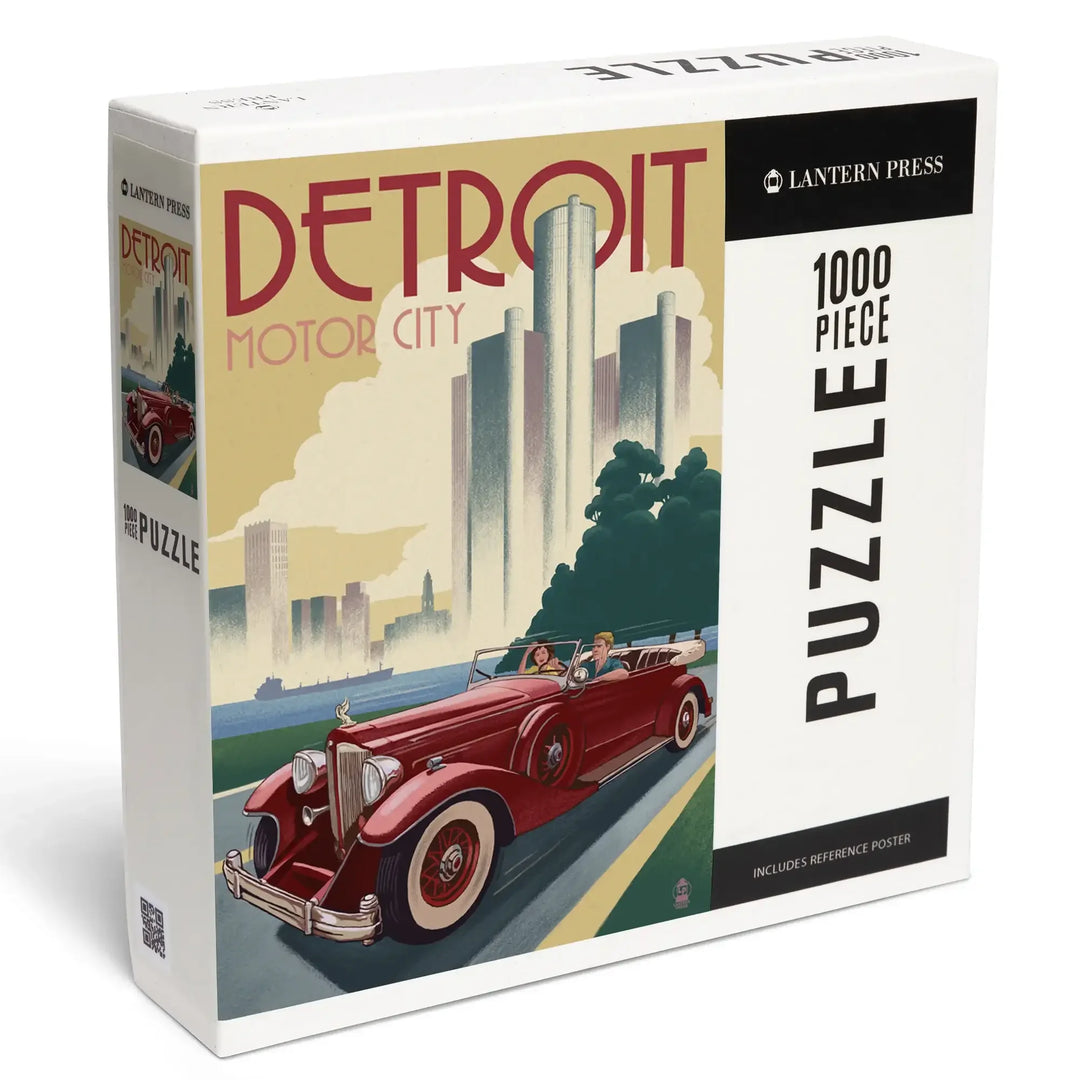 Detroit, Michigan, Vintage Car and Skyline, Jigsaw Puzzle Puzzle Lantern Press 