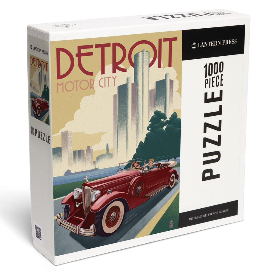 Detroit, Michigan, Vintage Car and Skyline, Jigsaw Puzzle Puzzle Lantern Press 