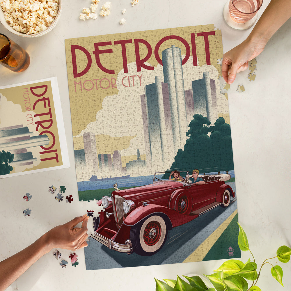 Detroit, Michigan, Vintage Car and Skyline, Jigsaw Puzzle Puzzle Lantern Press 