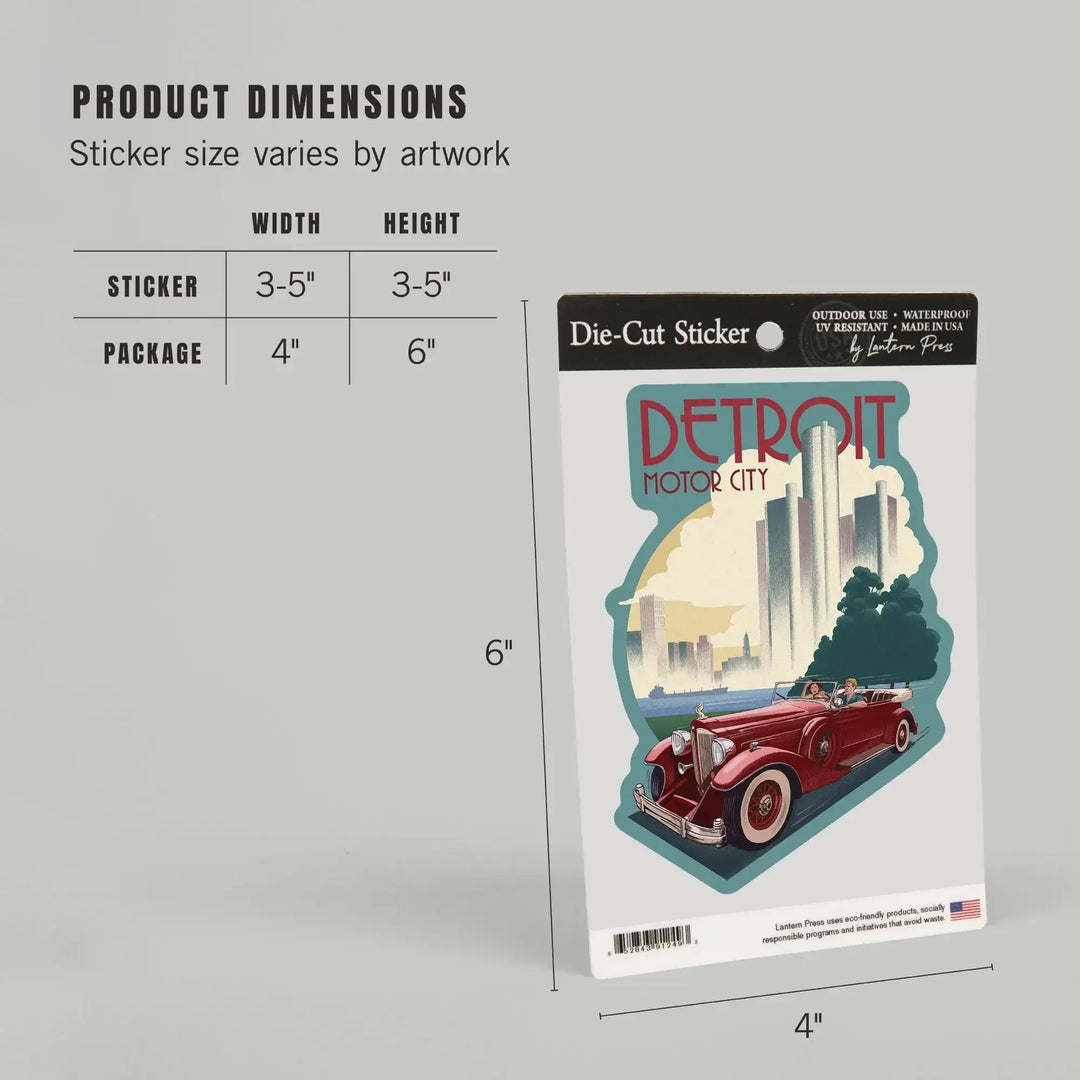 Detroit, Michigan, Vintage Car & Skyline, Contour, Lantern Press Artwork, Vinyl Sticker - Lantern Press