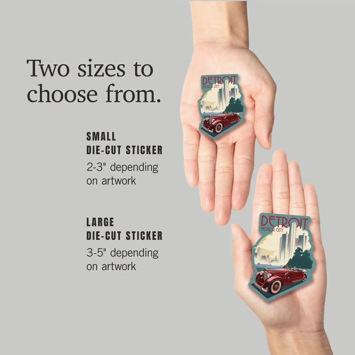 Detroit, Michigan, Vintage Car & Skyline, Contour, Lantern Press Artwork, Vinyl Sticker - Lantern Press