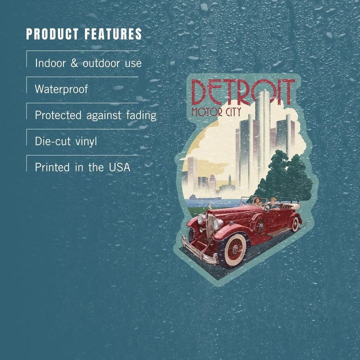 Detroit, Michigan, Vintage Car & Skyline, Contour, Lantern Press Artwork, Vinyl Sticker - Lantern Press