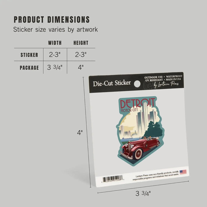 Detroit, Michigan, Vintage Car & Skyline, Contour, Lantern Press Artwork, Vinyl Sticker - Lantern Press