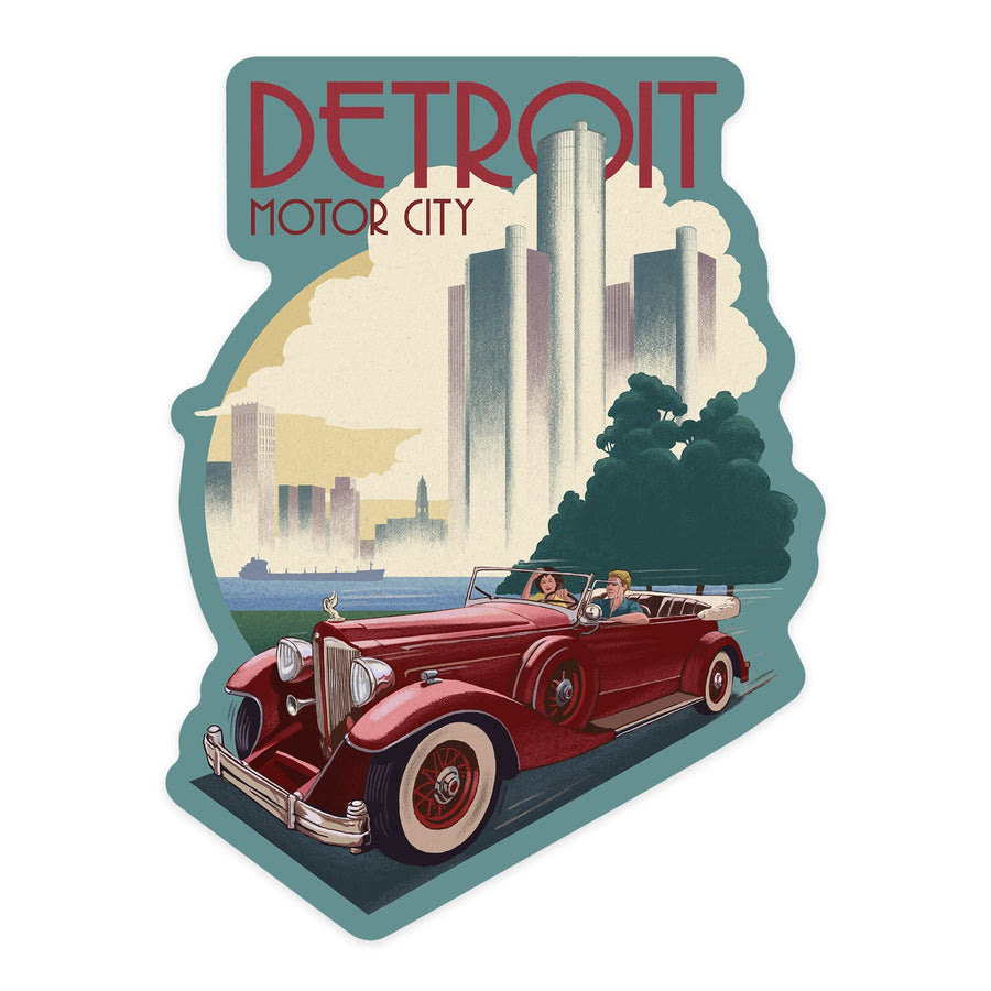 Detroit, Michigan, Vintage Car & Skyline, Contour, Lantern Press Artwork, Vinyl Sticker - Lantern Press