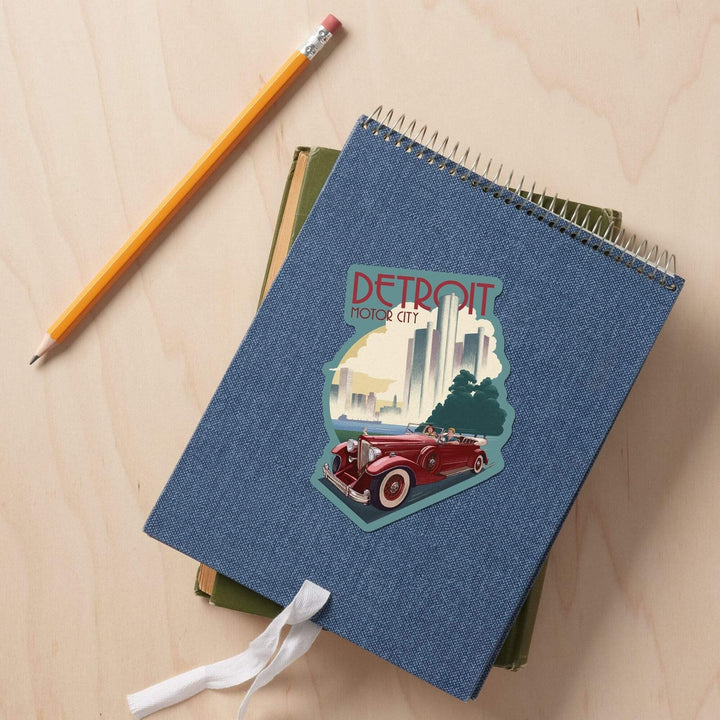 Detroit, Michigan, Vintage Car & Skyline, Contour, Lantern Press Artwork, Vinyl Sticker - Lantern Press