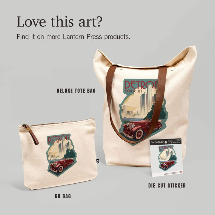 Detroit, Michigan, Vintage Car & Skyline, Contour, Lantern Press Artwork, Vinyl Sticker - Lantern Press
