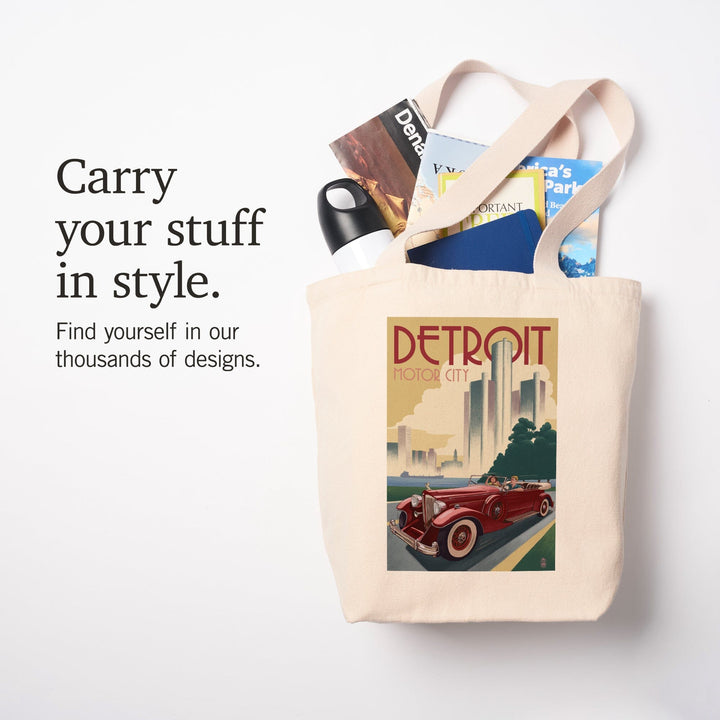 Detroit, Michigan, Vintage Car & Skyline, Lantern Press Artwork, Tote Bag Totes Lantern Press 