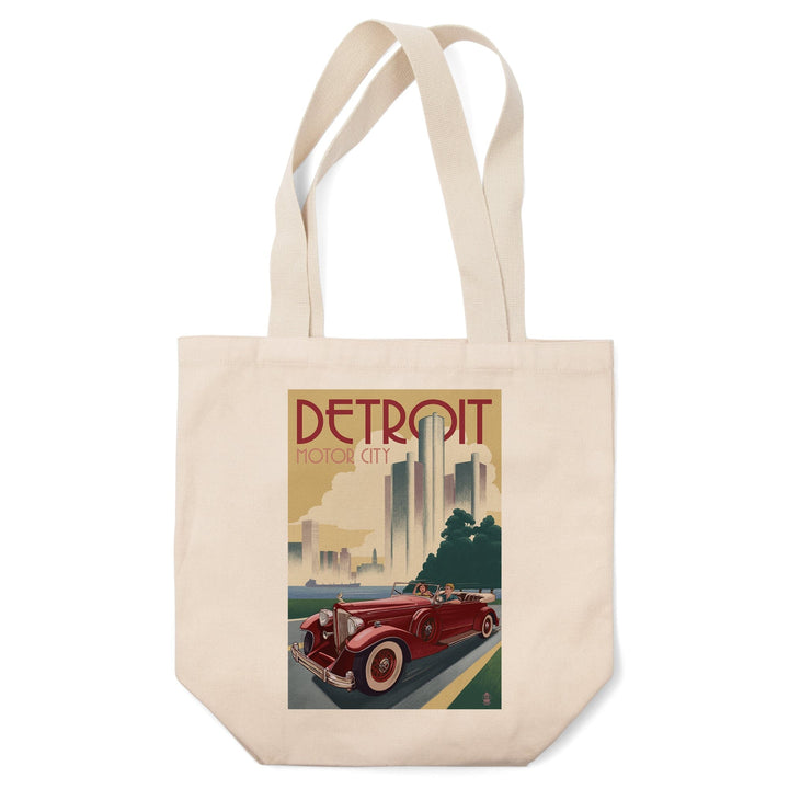 Detroit, Michigan, Vintage Car & Skyline, Lantern Press Artwork, Tote Bag Totes Lantern Press 